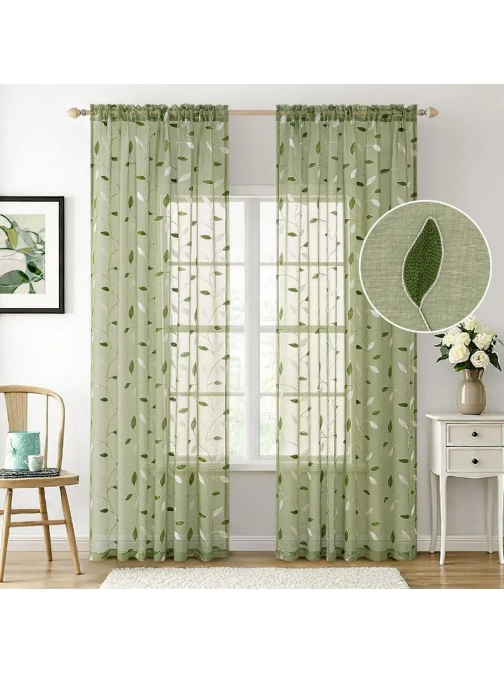 Sage Green Sheer Curtains Set - Embroidered Leaf Pattern, 2 Panels, 52x84